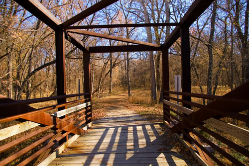 Looking out from a bridge over Hinkson Creek on the Recreation Trail